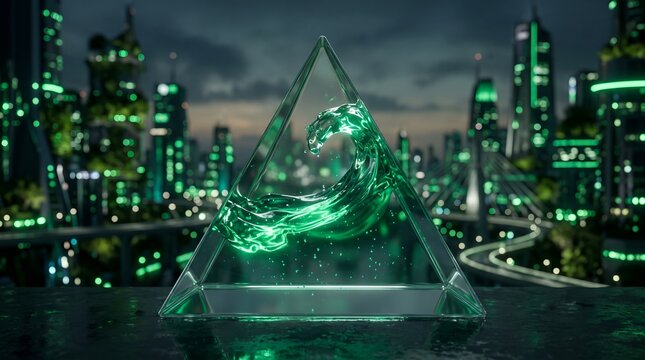 Glass triangle prism containing swirling green water waves in futuristic smart city at night