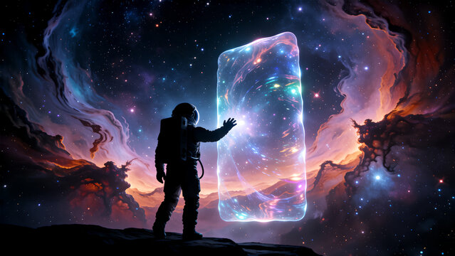 Astronaut touching a glowing portal in deep space with colorful nebulae and stars.