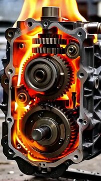 High performance metallic engine gears burning with intense orange flames illustrating mechanical failure or powerful energy