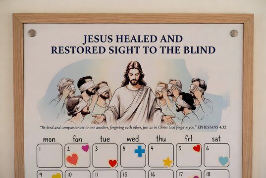 Jesus healed and restored sight to the blind as a monthly children&rsquo;s faith calendar illustration teaching kindness through Jesus&rsquo; healing, the environment a classroom calendar board with simple date s