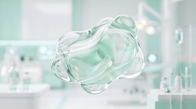 Transparent abstract liquid glass blob floating in bright modern clinical laboratory setting
