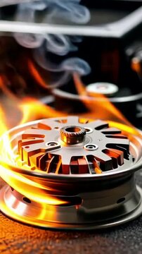 Industrial Mechanical Rotor On Fire Representing Engine Overheating And Severe Component Failure With Realistic Smoke Effects