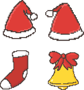 Pixel art Santa Claus hats, red Christmas sock stocking, and golden jingle bell set for holiday, vector graphic element for postcard design, greeting card, digital sticker, paper craft, printable art