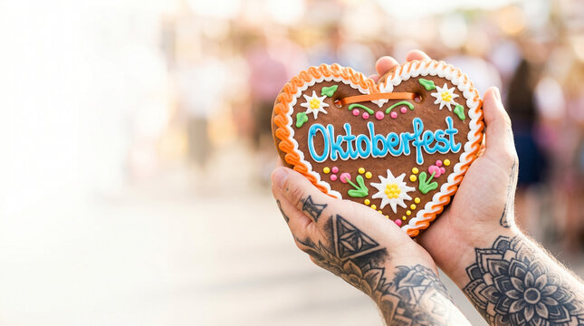 Tattooed hands holding traditional gingerbread heart at Oktoberfest