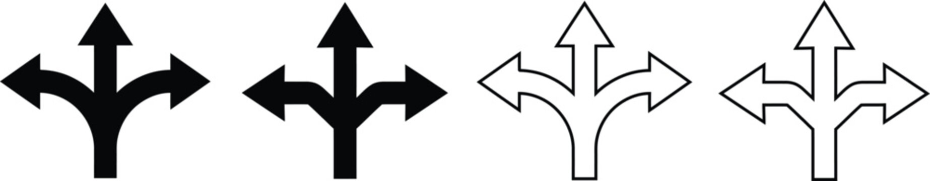 Traffic direction road navigation split arrows icon set in solid and outline vector illustration