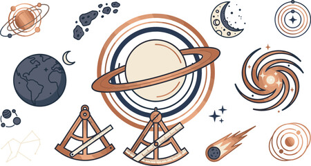 Vintage Astronomy and Space Vector Set Featuring Saturn Planet, Astrolabe Sextant Tools, Spiral Galaxy, Asteroids, and Celestial Constellation Elements © monoara