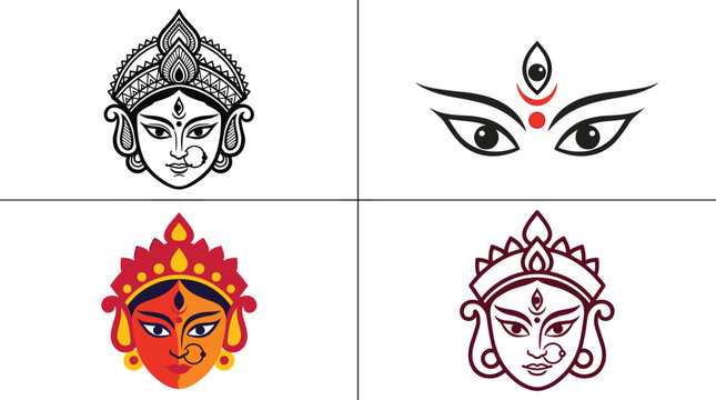 Goddess Durga face vector icon collection for Hindu festival Durga Puja Navratri Dussehra celebration featuring traditional third eye art elements and divine facial expressions