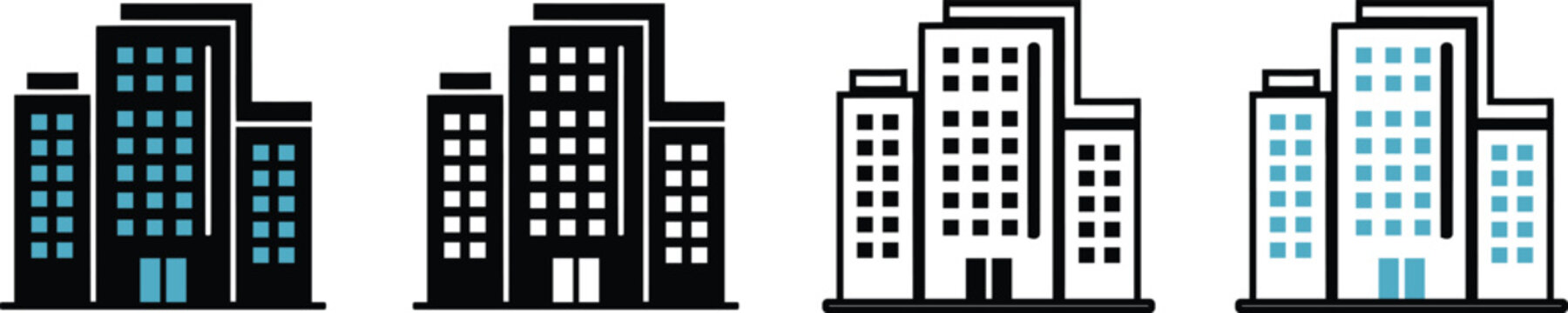 Office building skyscraper corporate real estate architecture icon set in solid and outline vector illustration