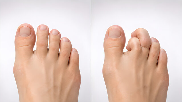 Hammer toe comparison medical illustration showing normal toe anatomy versus curled toe deformity on a clean clinical background for podiatry, healthcare education, and patient information use