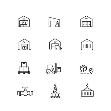 Logistics and Industrial Line Icon Set Warehouse Freight Cargo Delivery and Energy Manufacturing Vector Icons