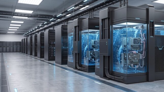 Premium AI cloud supercomputer data center facility 3D illustration with copy space