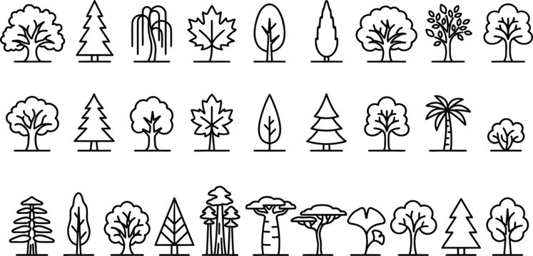 Minimalist tree line icons set, 27 black outline forest and park plant symbols, modern botanical vector graphics for landscape design and mapping
