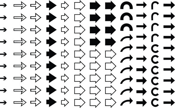 Extensive collection of black and white gradient arrows depicting flow, direction, and progressive movement