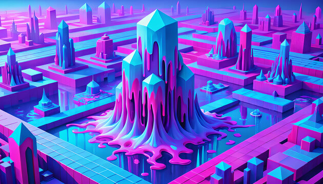 Futuristic surreal city landscape with melting crystal buildings in vibrant neon pink and blue colors.