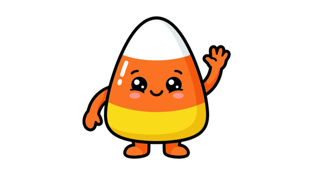 Candy corn character with a smiling face waves a hand in a friendly gesture against a clean white background.