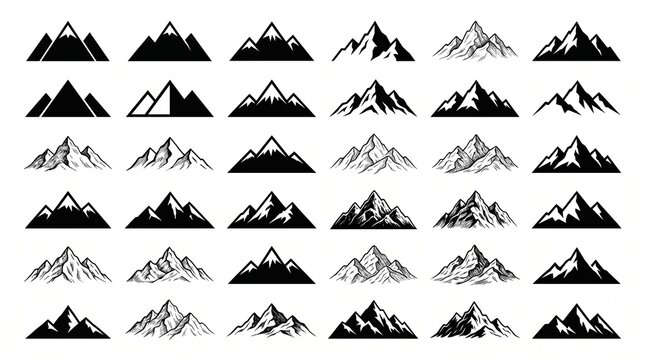 Mountain peaks set vector illustration black silhouette shapes isolated on white background for outdoor adventure travel logo design elements and hiking icons
