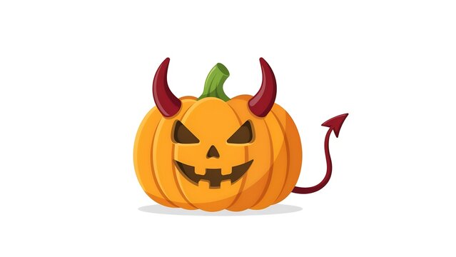 Spooky halloween pumpkin with devil horns and tail isolated on a white background
