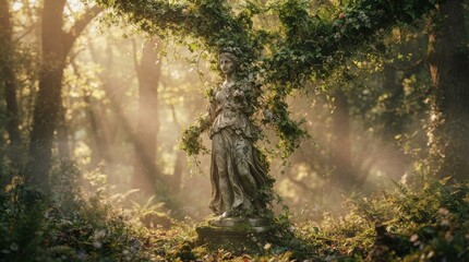 Fototapeta premium Ancient stone statue of woman in overgrown misty forest