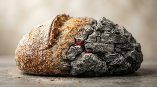 Loaf of sourdough bread merging with grey rock