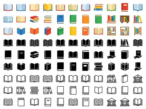 Set of book icons in grid layout. Collection of library and education vector symbols.