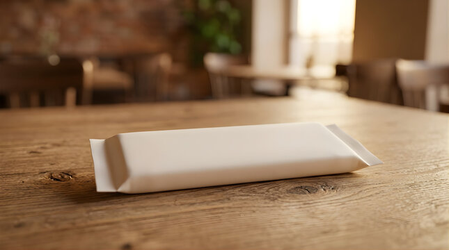 Clean White Candy Bar Wrapper with No Branding on a Rustic Wooden Table in Soft Morning Light