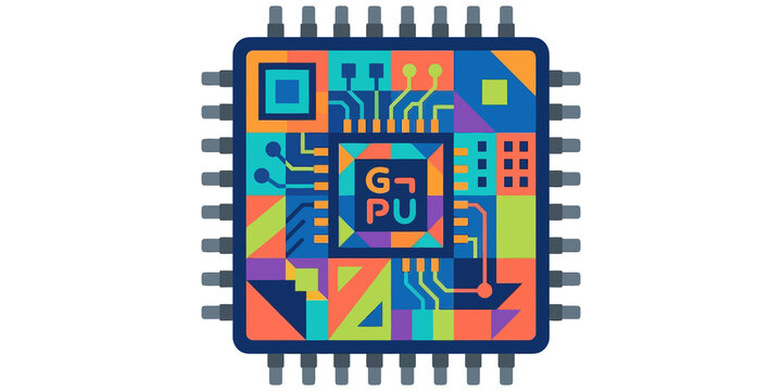 colorful geometric computer microchip gpu processor chip graphic isolated on transparent background