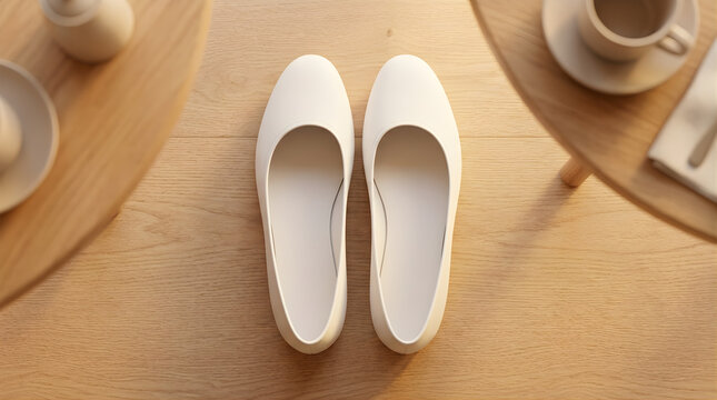 Clean Minimalist White Leather Ballet Flats Resting on a Light Wood Grain Surface with Coffee Cups Nearby