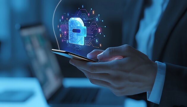 Business person using smartphone for data security. Digital protection of corporate files.