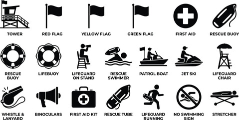 Set of lifeguard and beach safety silhouettes including towers, flags, rescue buoys, and medical equipment © MDMUNTASSER