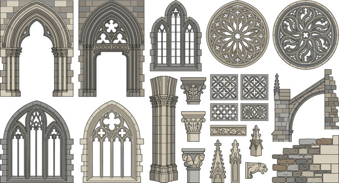 Collection of Gothic architectural elements and decorative components