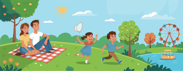 Happy family having summer picnic in city amusement park, children playing on green grass field
