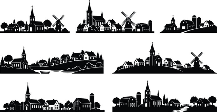 Set of rural village and farm silhouettes including churches, windmills, houses, and countryside landscapes