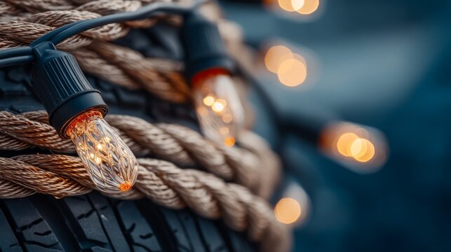 Close-up of Vintage String Light Bulb Wrapped Around Rustic Rope with Bokeh