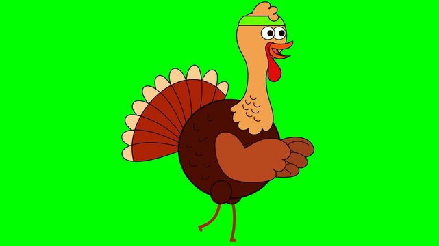 Animated Funny Turkey Wearing a Green Sweatband on Green Screen