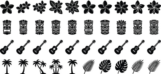 Set of tropical Hawaiian icons and silhouettes featuring tiki masks, plumeria flowers, ukuleles, and palm trees © MDMUNTASSER