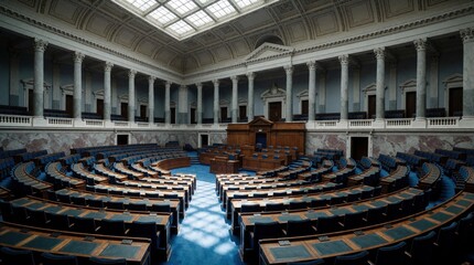 Obraz premium Empty legislative chamber with rows of blue seats facing wooden podiums. Grand classical architecture features marble columns, skylight ceiling. Formal assembly hall awaits attendees for important