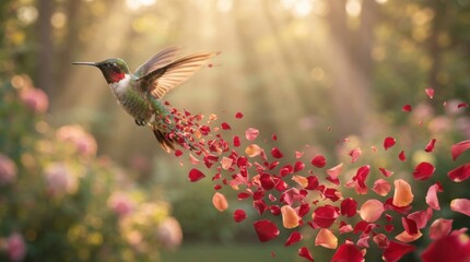 Obraz premium Hummingbird flying with trail of red rose petals