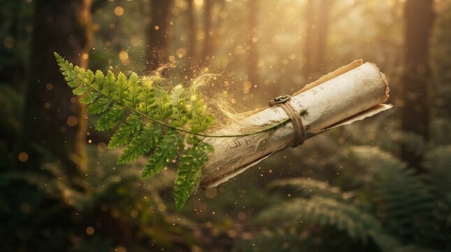 Floating ancient parchment scroll with green fern in magical forest