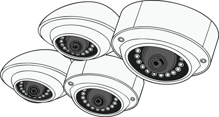 Four dome style security surveillance cameras positioned together, isolated on a white background, black and white line © Template store 