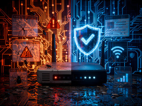 A digital router is split, with one side showing threats and the other security.