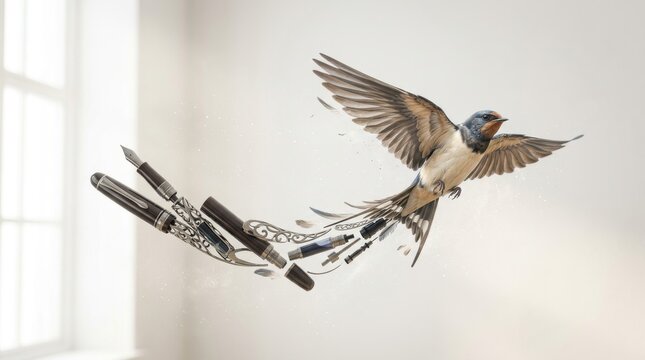 Barn swallow bird transforming into fountain pens