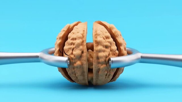 Close up of a walnut being cracked open by a metal nutcracker tool.