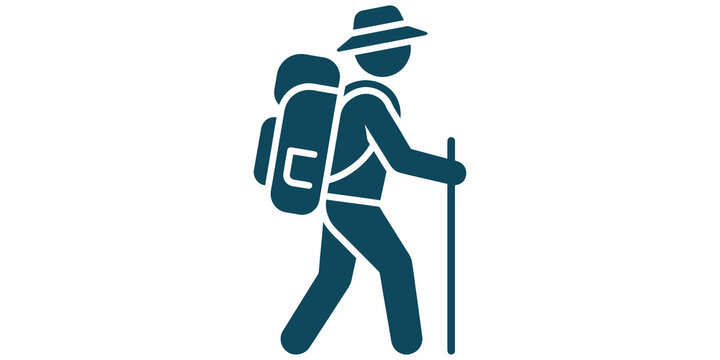 Hiker icon with backpack and walking stick isolated on transparent background