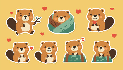 Fototapeta premium Cute collection of cartoon beaver stickers featuring various funny expressions, poses, and red love hearts on a yellow background.