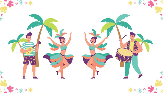 Colorful carnival festival celebration with musicians playing instruments and dancers performing under tropical palm trees.