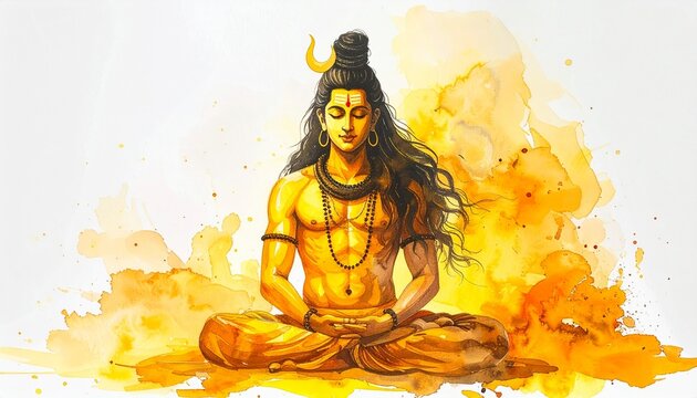 Peaceful Shiva illustration with golden spiritual tones.