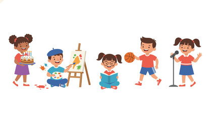 Fototapeta premium Group of diverse cute children engaged in various creative, academic, and athletic extracurricular activities and hobbies.