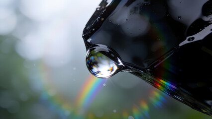 Obraz premium Macro close up of a single clear water droplet reflecting a beautiful rainbow.