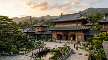 Obraz premium Serene Buddhist Temple Courtyard at Sunset, Traditional Architecture, Peaceful Atmosphere