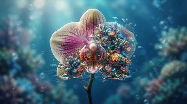 Surreal orchid flower morphing into underwater coral reef